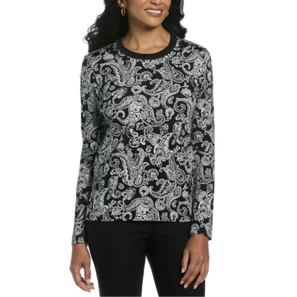 NWT Rafaella Women's Grommet & Lacing Shoulder Paisley  Long Sleeve Top Sz XS